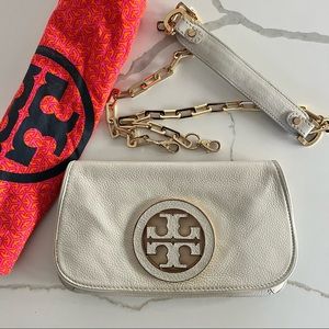 Tory Burch Amanda Crossbody Clutch - Cream White w/ Gold Logo and Strap